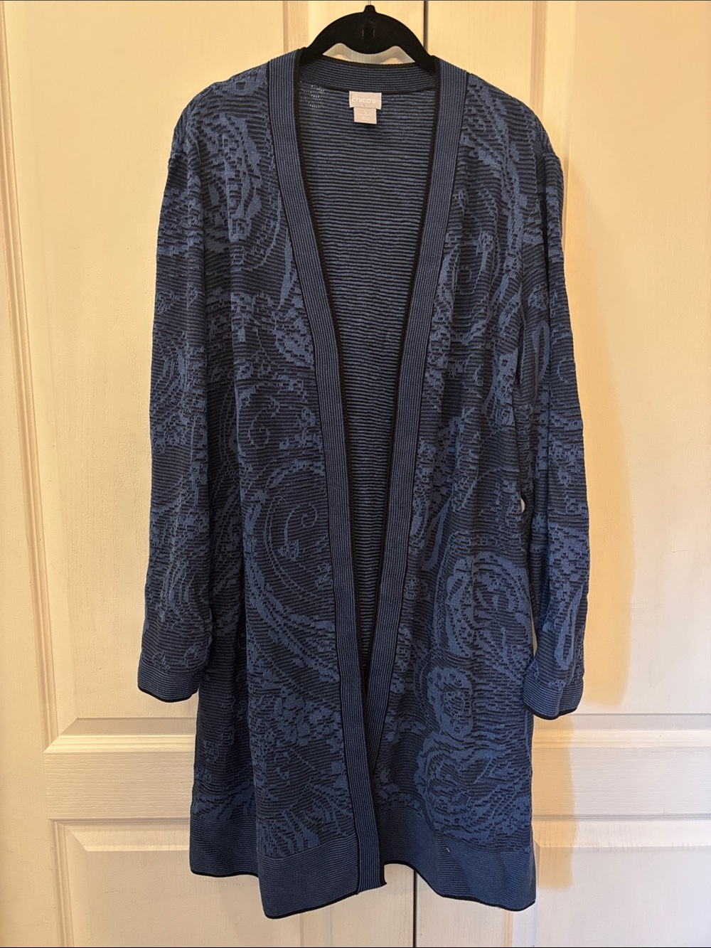 Chico's Blue Open-Front Jacquard Cardigan